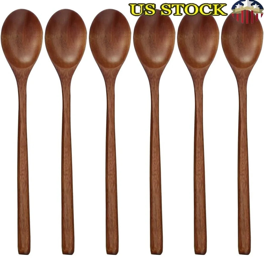 Eco-Friendly Wooden Spoons Set of 6 Long Handle 9 Inch Kitchen Utensils Stirring Mixing Soup Spoons Unique Grain Natural Finish