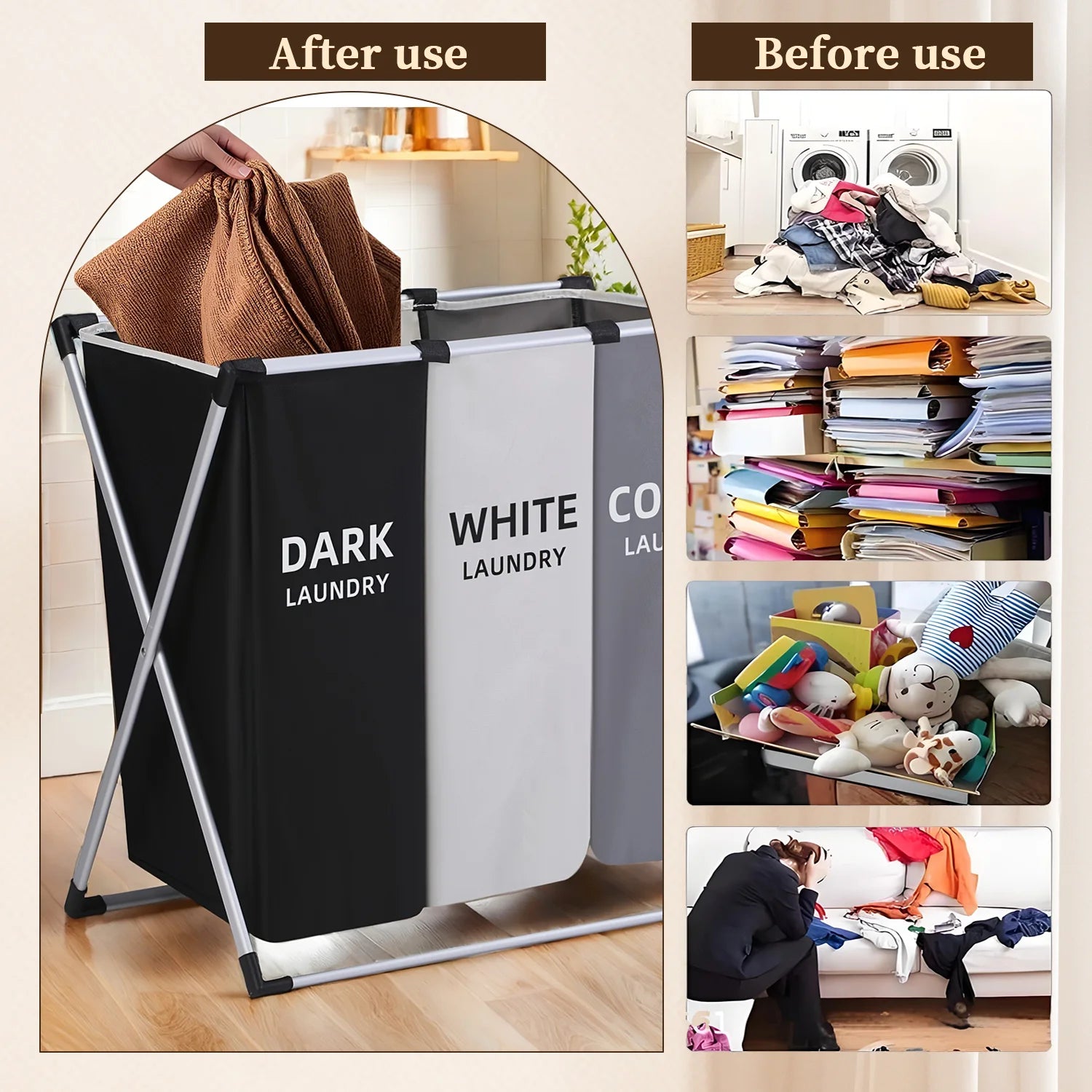 3 Section Laundry Basket Printed Dark Light Color, Foldable Hamper/Sorter with Waterproof Oxford Bags and Aluminum Frame, Washin