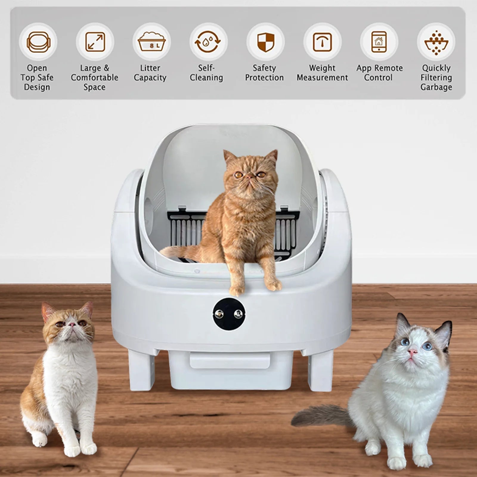 Large Capacity Self Cleaning Cat Litter Box Safety App Control Odor Free Waste Bin Auto Smart Open Cat Litter Box