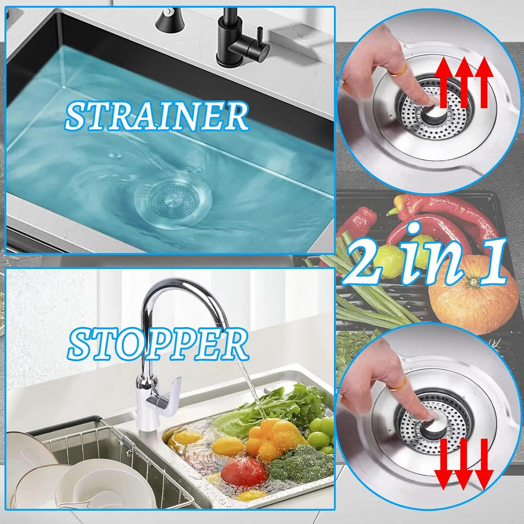 3 in 1 Kitchen Sink Drain Strainer,Universal Stainless Steel Kitchen Sink Stopper, Pop Up Anti-Clogging