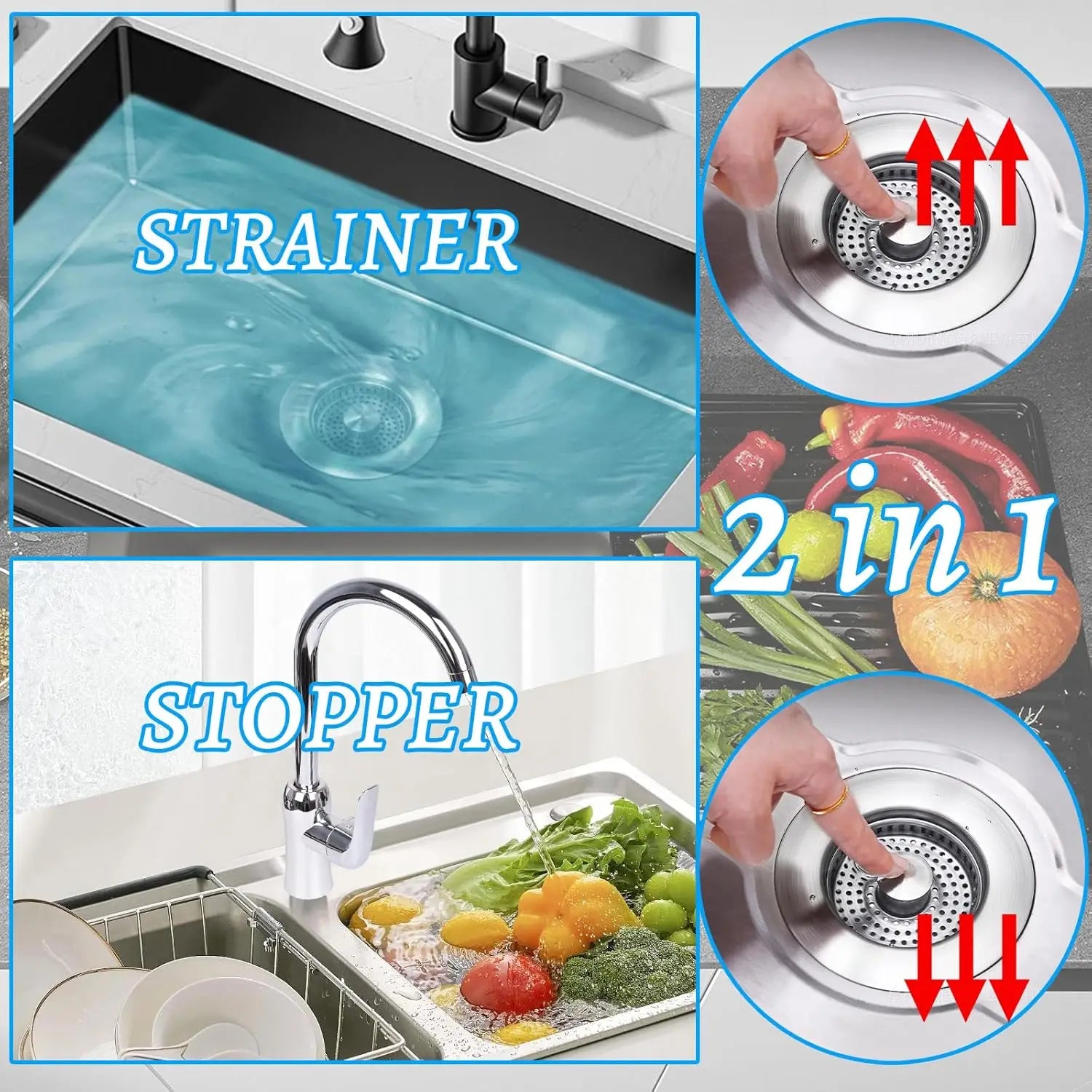 3 in 1 Kitchen Sink Drain Strainer,Universal Stainless Steel Kitchen Sink Stopper, Pop Up Anti-Clogging