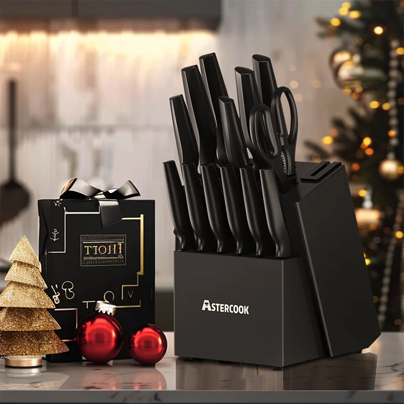 Kitchen Knife Set with Built-in Sharpener Block, Dishwasher Safe, 15 Pieces German Stainless Steel Knife Block Set