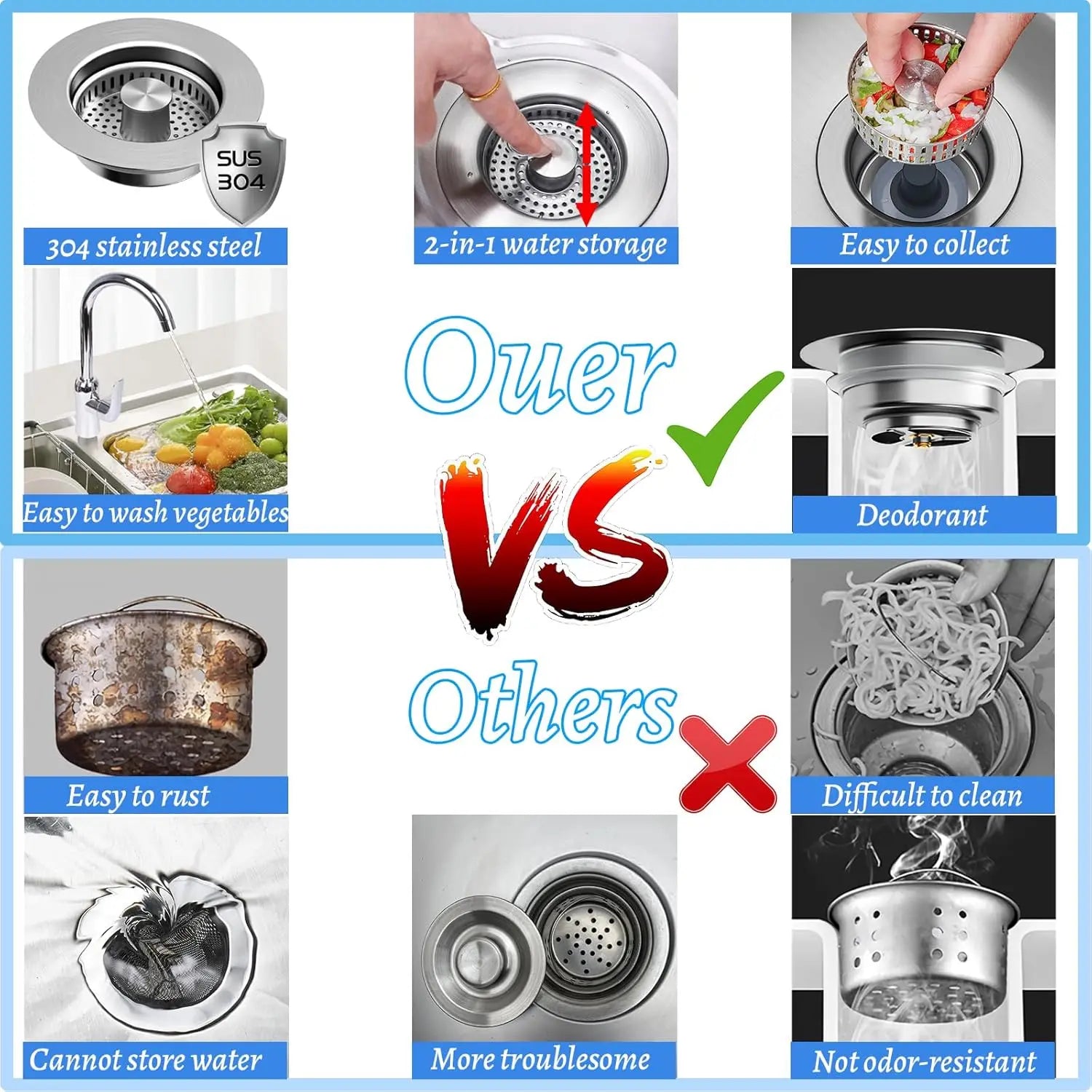 3 in 1 Kitchen Sink Drain Strainer,Universal Stainless Steel Kitchen Sink Stopper, Pop Up Anti-Clogging