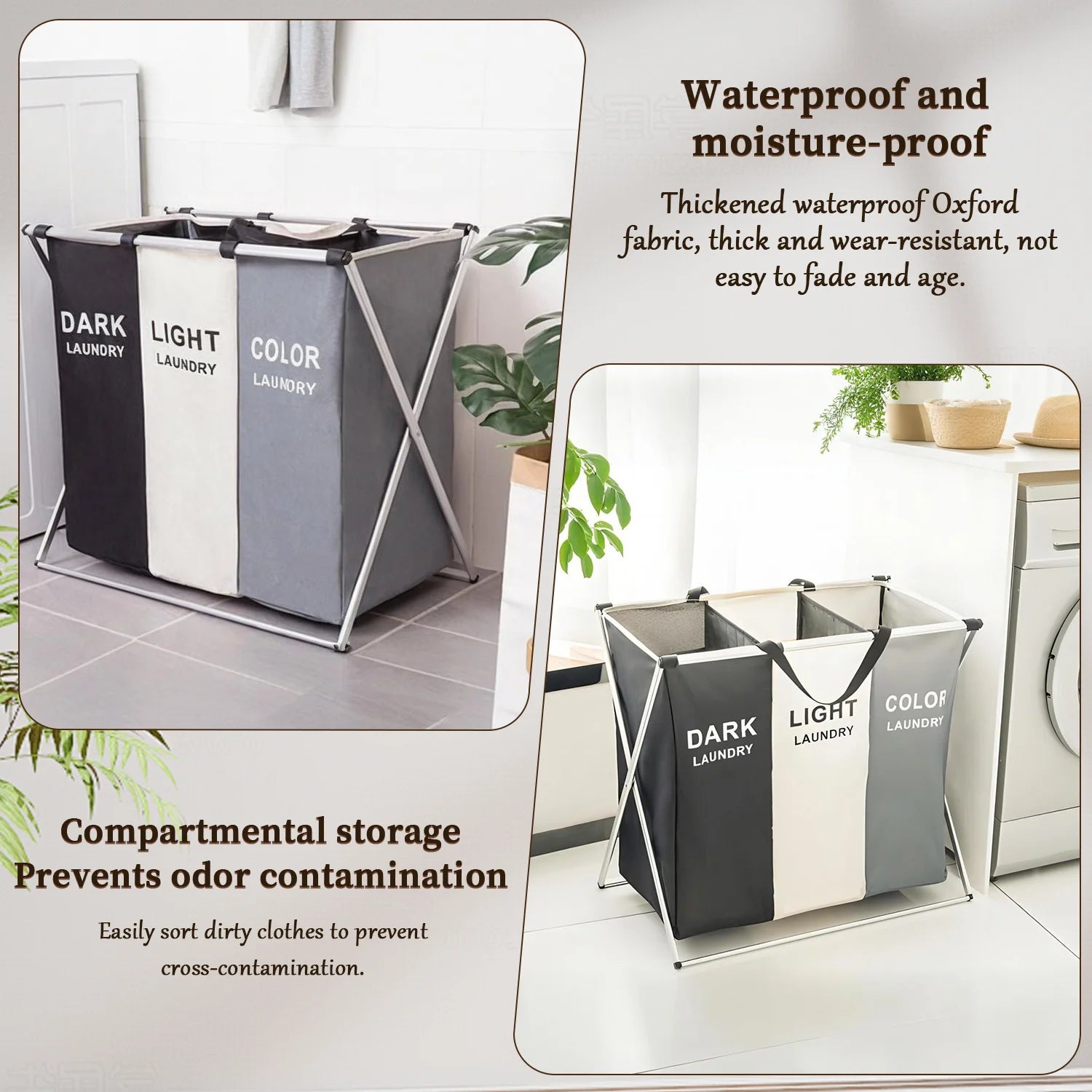 3 Section Laundry Basket Printed Dark Light Color, Foldable Hamper/Sorter with Waterproof Oxford Bags and Aluminum Frame, Washin