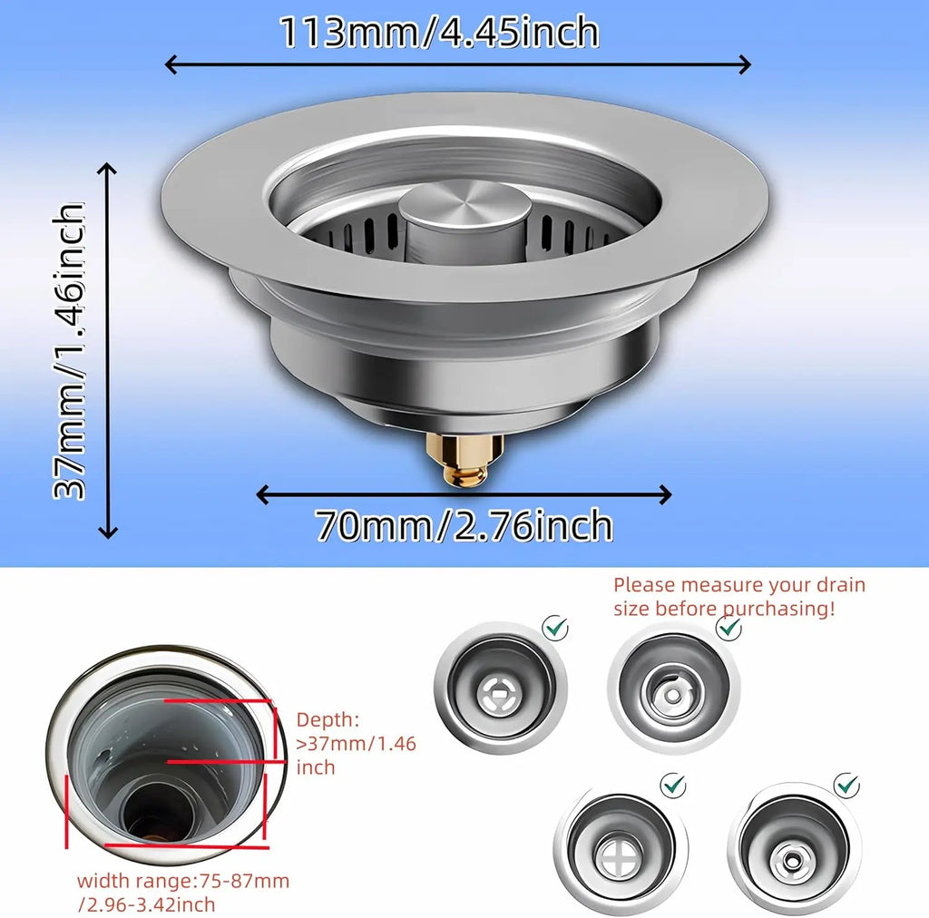 3 in 1 Kitchen Sink Drain Strainer,Universal Stainless Steel Kitchen Sink Stopper, Pop Up Anti-Clogging