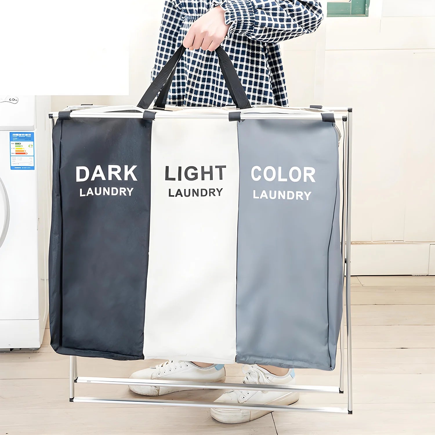 3 Section Laundry Basket Printed Dark Light Color, Foldable Hamper/Sorter with Waterproof Oxford Bags and Aluminum Frame, Washin