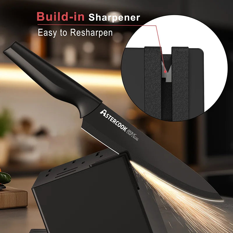 Kitchen Knife Set with Built-in Sharpener Block, Dishwasher Safe, 15 Pieces German Stainless Steel Knife Block Set
