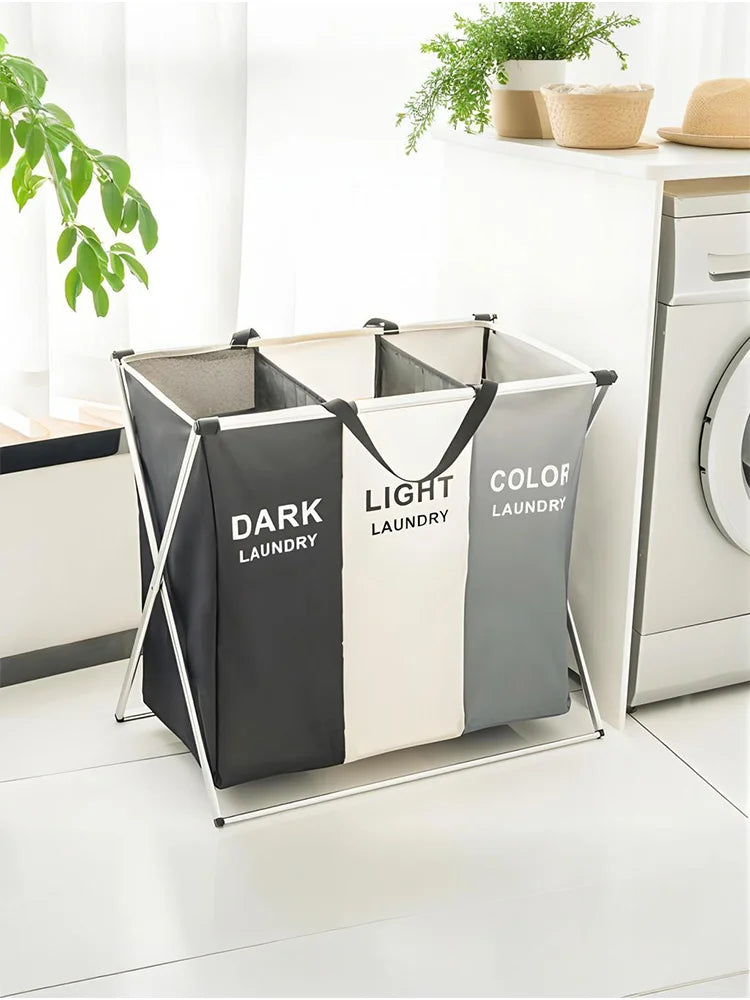 3 Section Laundry Basket Printed Dark Light Color, Foldable Hamper/Sorter with Waterproof Oxford Bags and Aluminum Frame, Washin