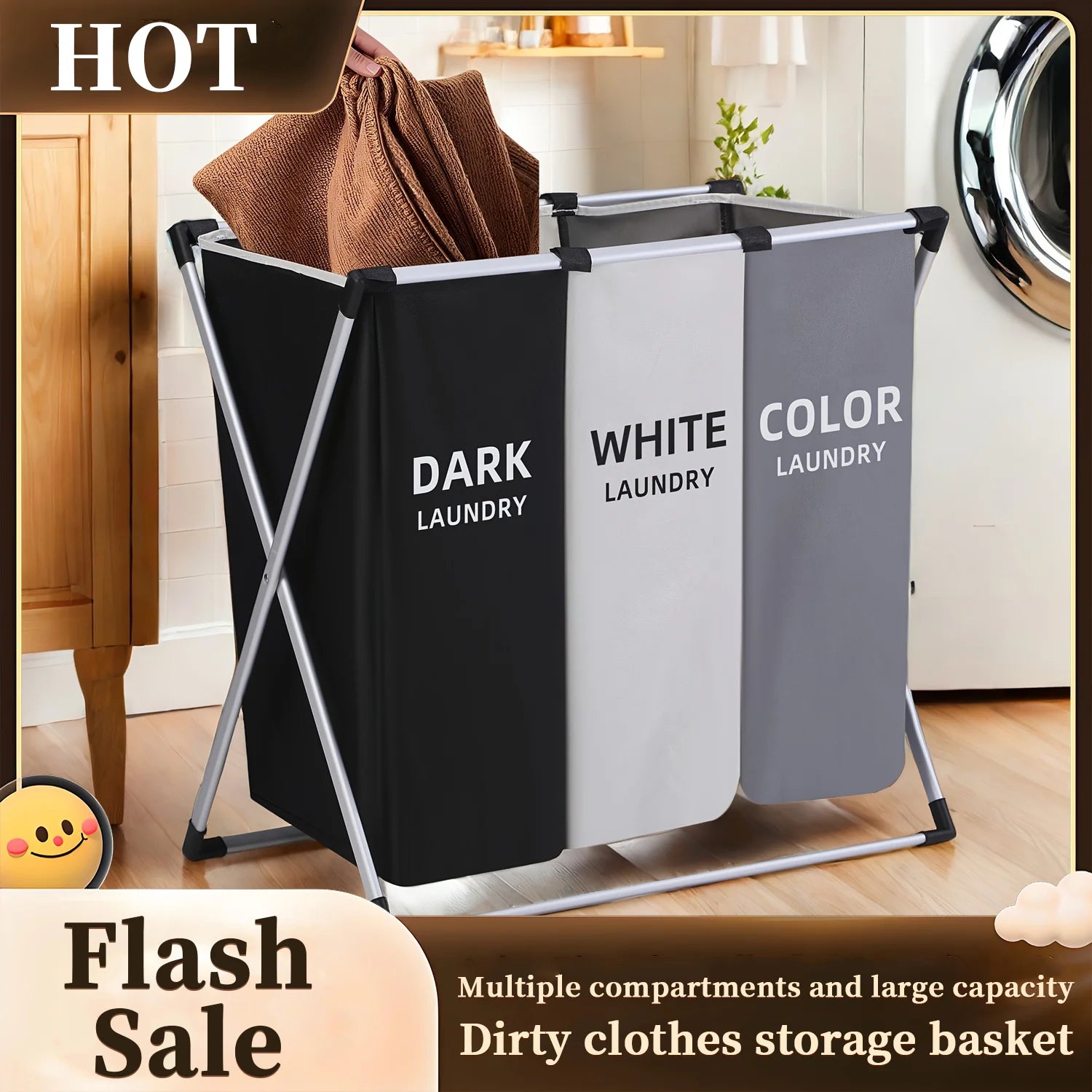 3 Section Laundry Basket Printed Dark Light Color, Foldable Hamper/Sorter with Waterproof Oxford Bags and Aluminum Frame, Washin