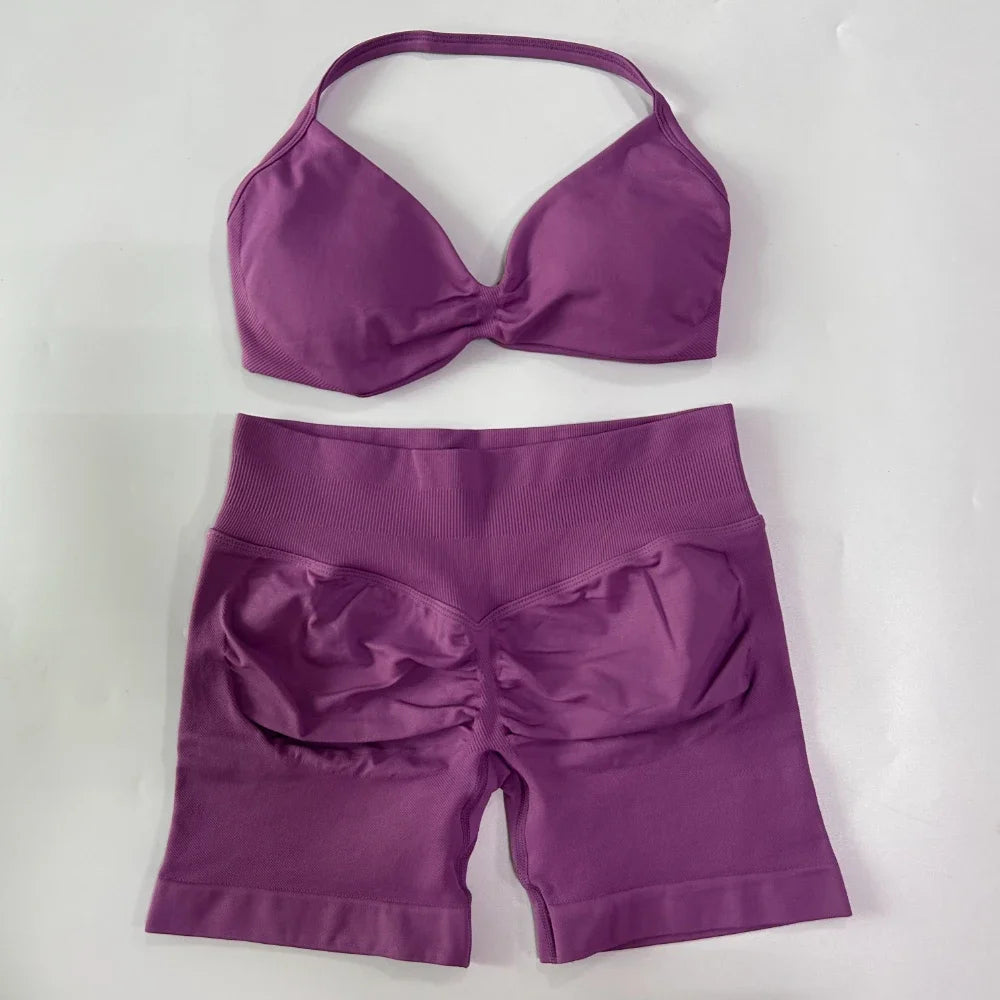 2PCS Gym Set Women Strappy Yoga Bra Top High Waist Workout Scrunch Shorts Sports Suit Seamless Yoga Set Fitness Clothes