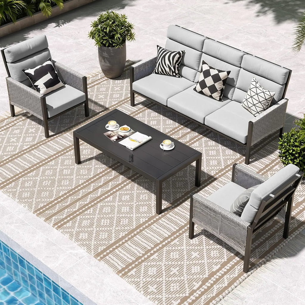 Aluminum Patio Furniture Set, High Back Outdoor Sectional Sofa, 4 Pieces Modern Conversation Sets for Porch, Balcony, Garden