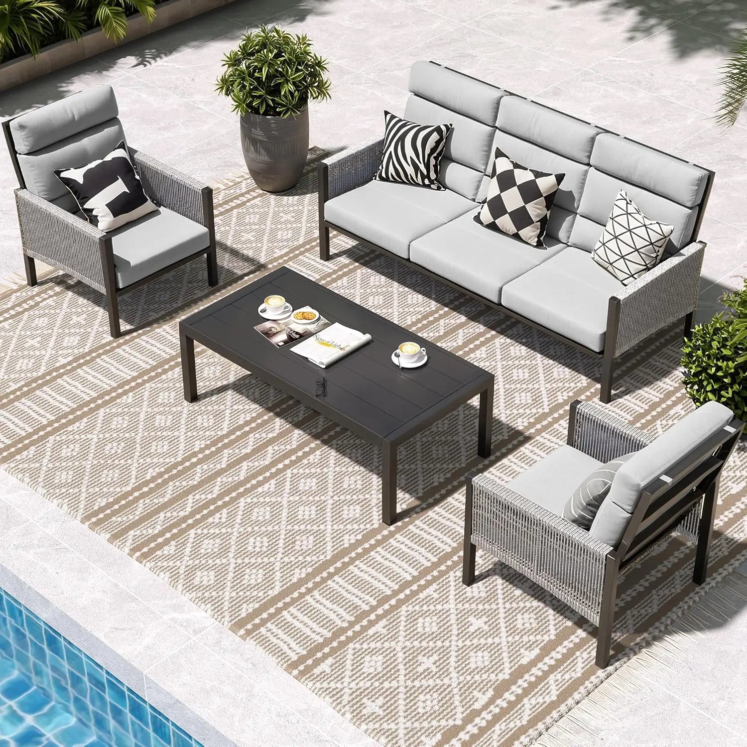 Aluminum Patio Furniture Set, High Back Outdoor Sectional Sofa, 4 Pieces Modern Conversation Sets for Porch, Balcony, Garden