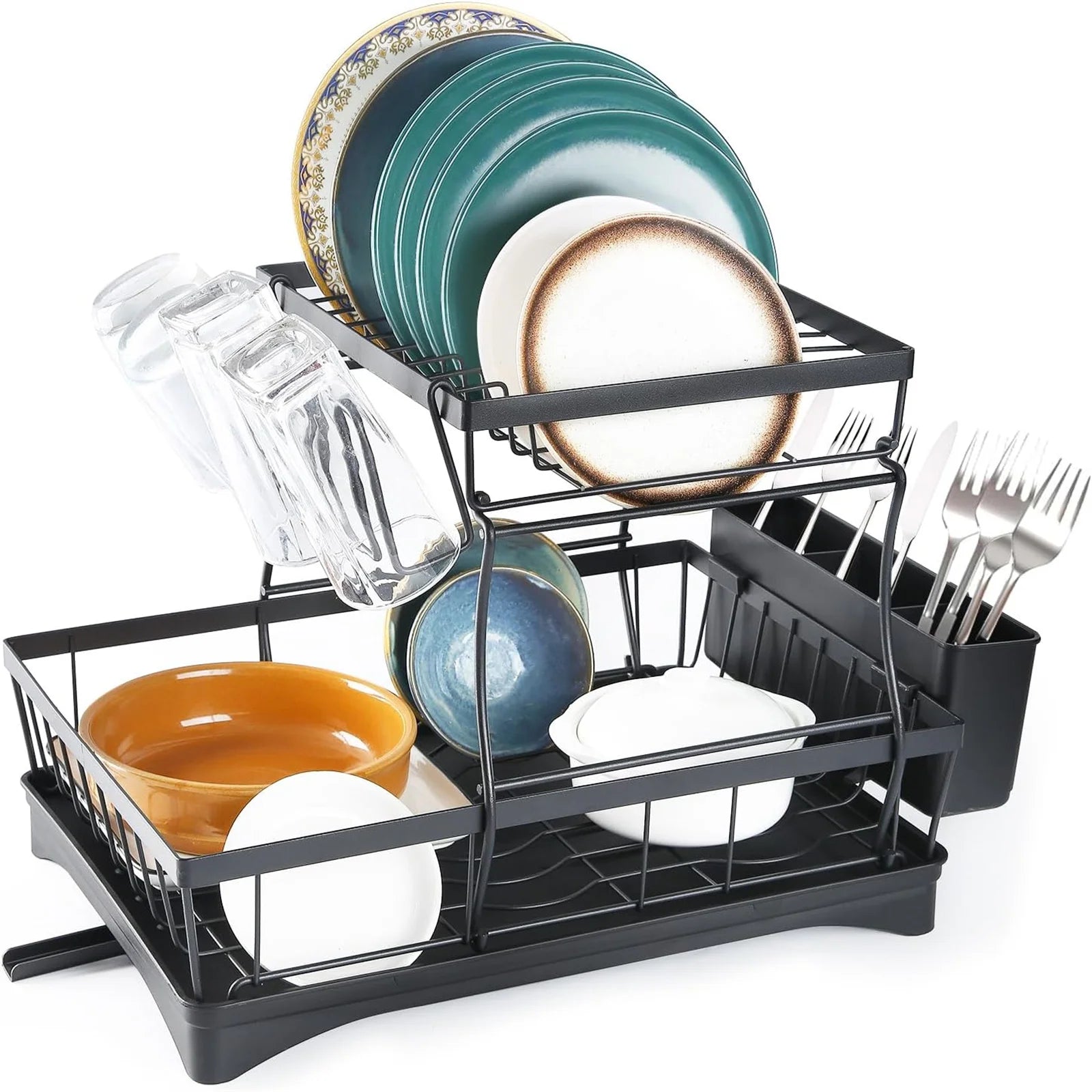 2-Tier  Steel Dish Drying Rack – Large Kitchen Countertop Organizer with Drainer & Cutlery Holder