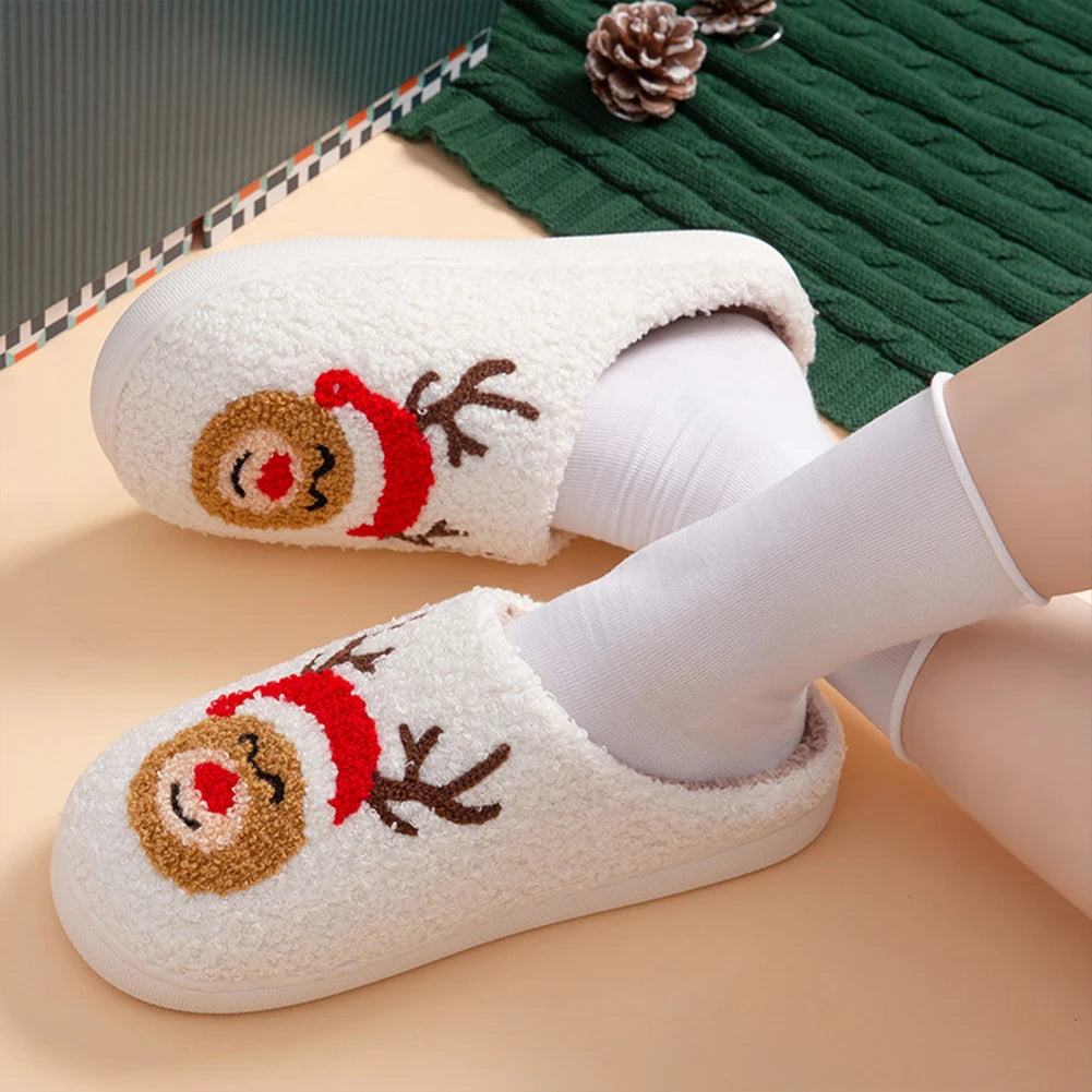 Cozy and Warm Christmas Elk Plush Slippers for Men and Women Soft Fluffy Home Footwear with Anti Slip Design
