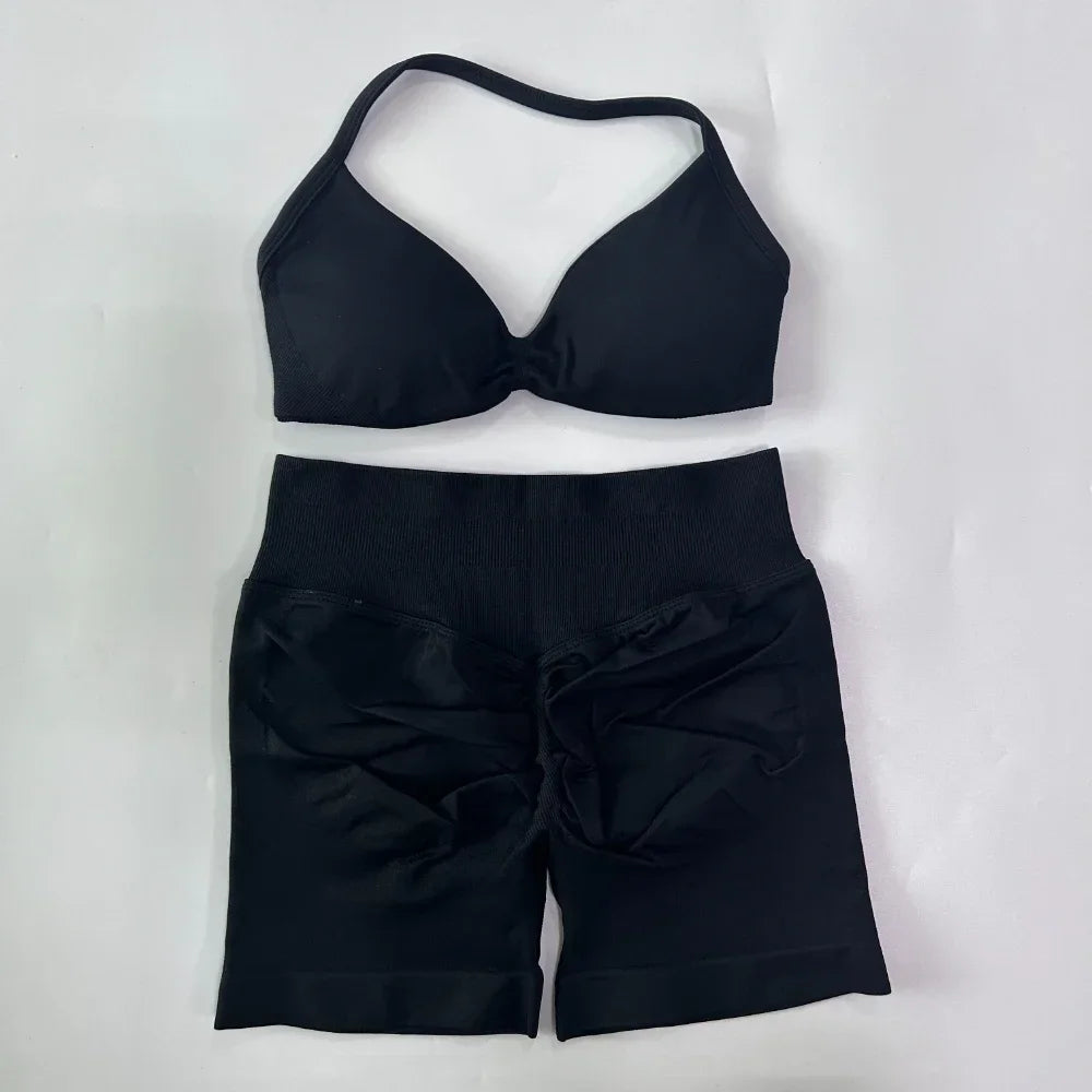 2PCS Gym Set Women Strappy Yoga Bra Top High Waist Workout Scrunch Shorts Sports Suit Seamless Yoga Set Fitness Clothes