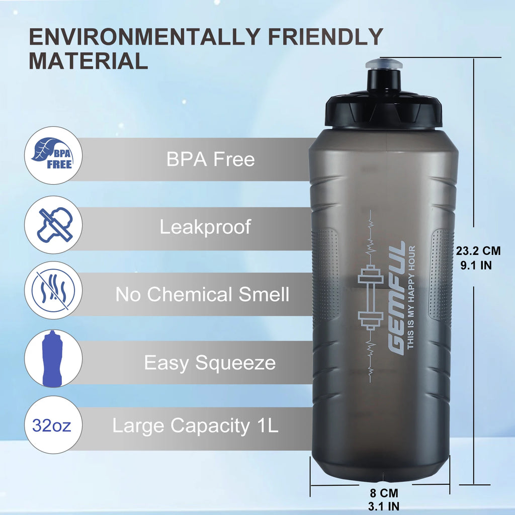 Bike Water Bottle 1000ml Squeeze Leak Proof Easy Open Push Pull Lid