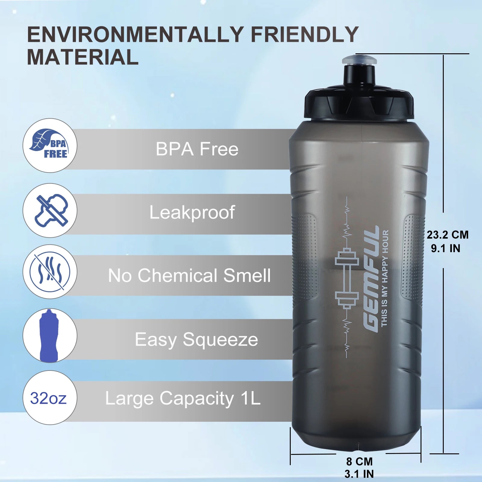Bike Water Bottle 1000ml Squeeze Leak Proof Easy Open Push Pull Lid
