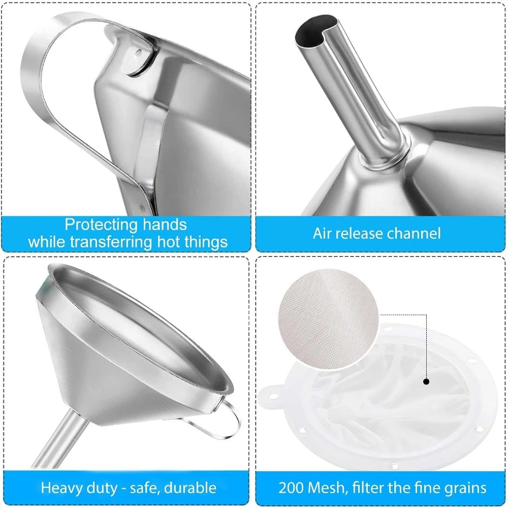Premium Stainless Steel Funnel, 5 Inch Food Grade Kitchen Funnels with 200 Mesh Food Filter Strainer