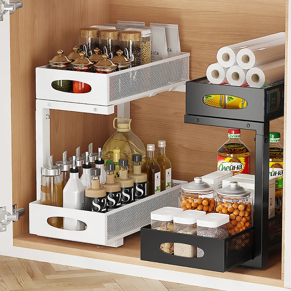 Under Sink Organizer, Height Adjustable Pull Out Cabinet Organizer Storage 2 Tier Slide Out Sink Shelf For Kitchen Bathroom