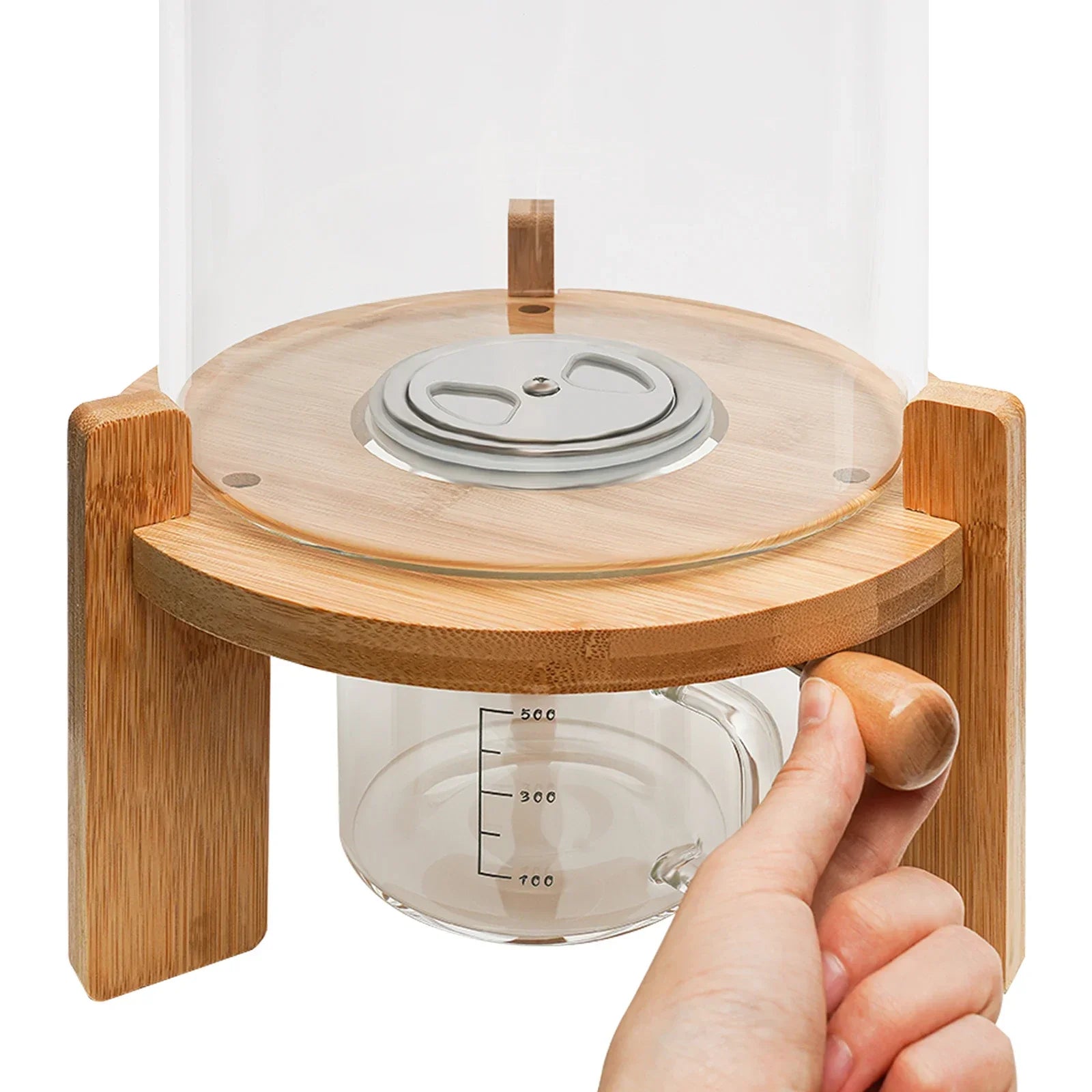 Rice Dispenser 5L Glass Food Storge Container for Kitchen Pantry Store, with Airtight Lid, Measuring Cup and Wooden Stand