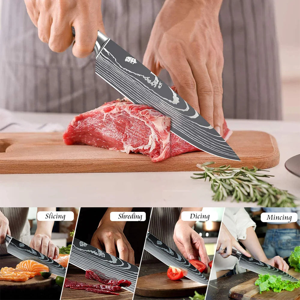 ZENG 5/8pcs/10pcs Kitchen Knives Japanese Stainless Steel Chef Knife Damascus Laser Pattern Slicing Santoku Kitchen Knife Set