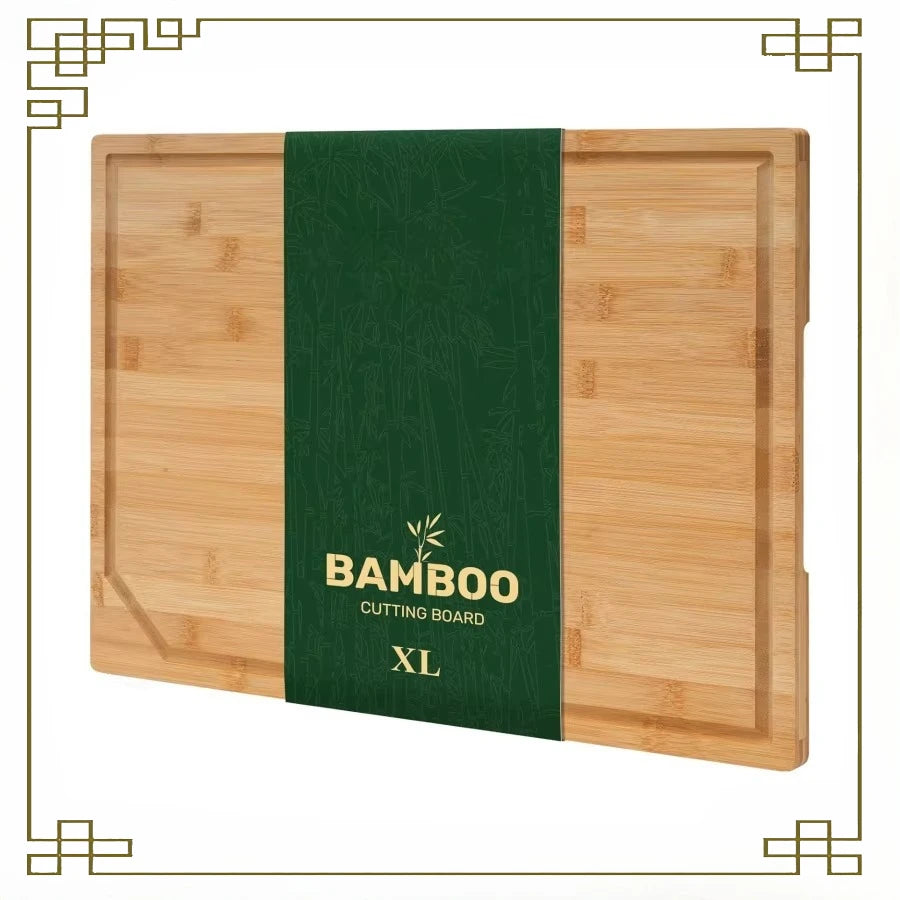 Extra Large Bamboo Kitchen Board with Juice Groove Wooden Cutting Surface with Handle for Meat Vegetables Fruits