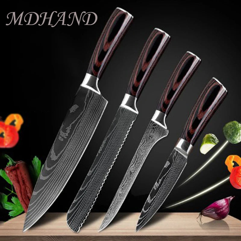 8 " Kitchen Knives Sharp Chef Knife Stainless Steel Laser Damascus Style Cleaver Sushi Knife Slicing Utility Cooking Accessories