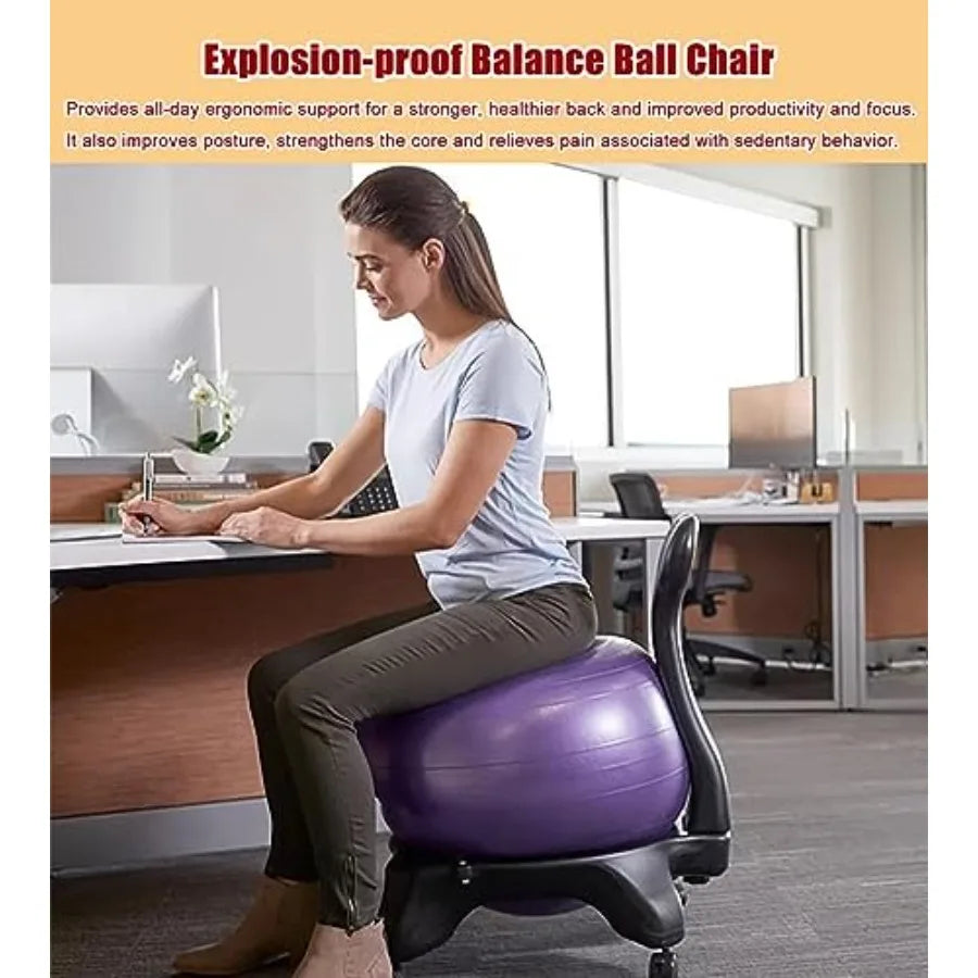 Ergonomic Office Yoga Ball Chairs for Adults Desk Purple Ball Balance Posture Chair with Wheels Ball and Foot Pump Exercise Bal