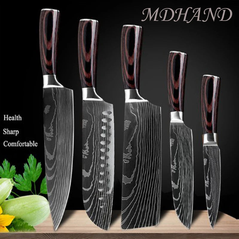 8 " Kitchen Knives Sharp Chef Knife Stainless Steel Laser Damascus Style Cleaver Sushi Knife Slicing Utility Cooking Accessories