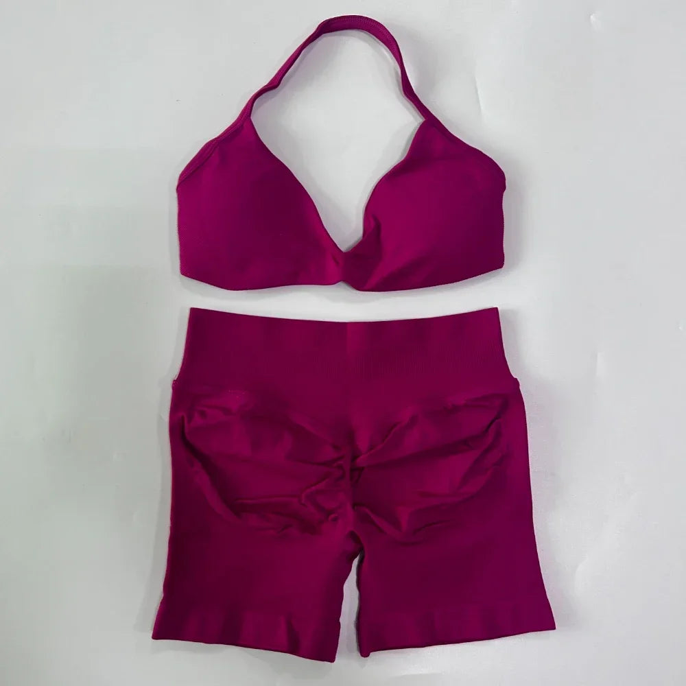 2PCS Gym Set Women Strappy Yoga Bra Top High Waist Workout Scrunch Shorts Sports Suit Seamless Yoga Set Fitness Clothes