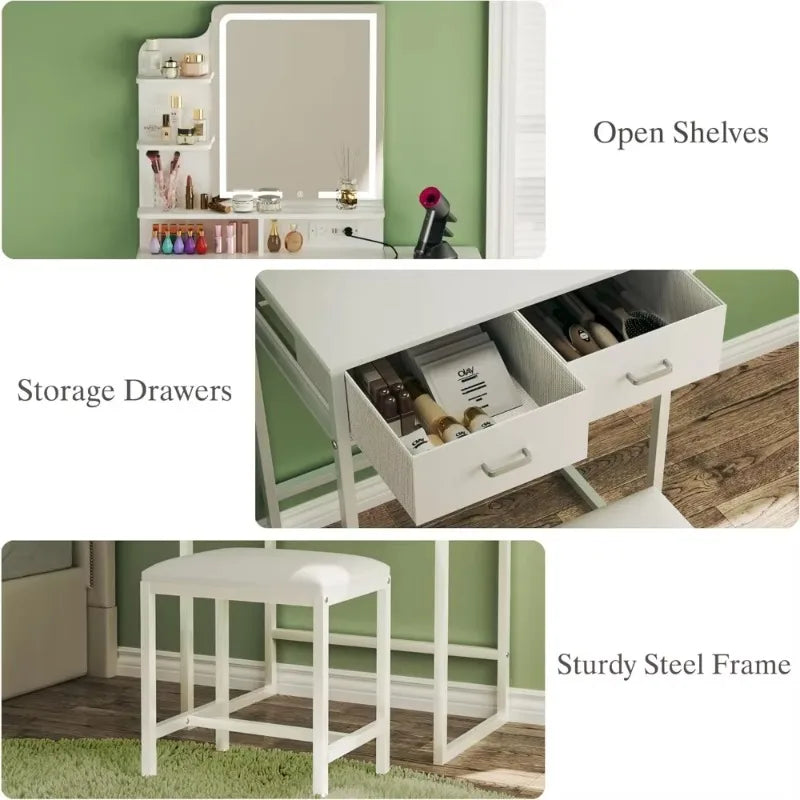 Makeup vanity with foldable panel and power outlet, equipped with mirror and light, fabric storage drawer, chair and shelf