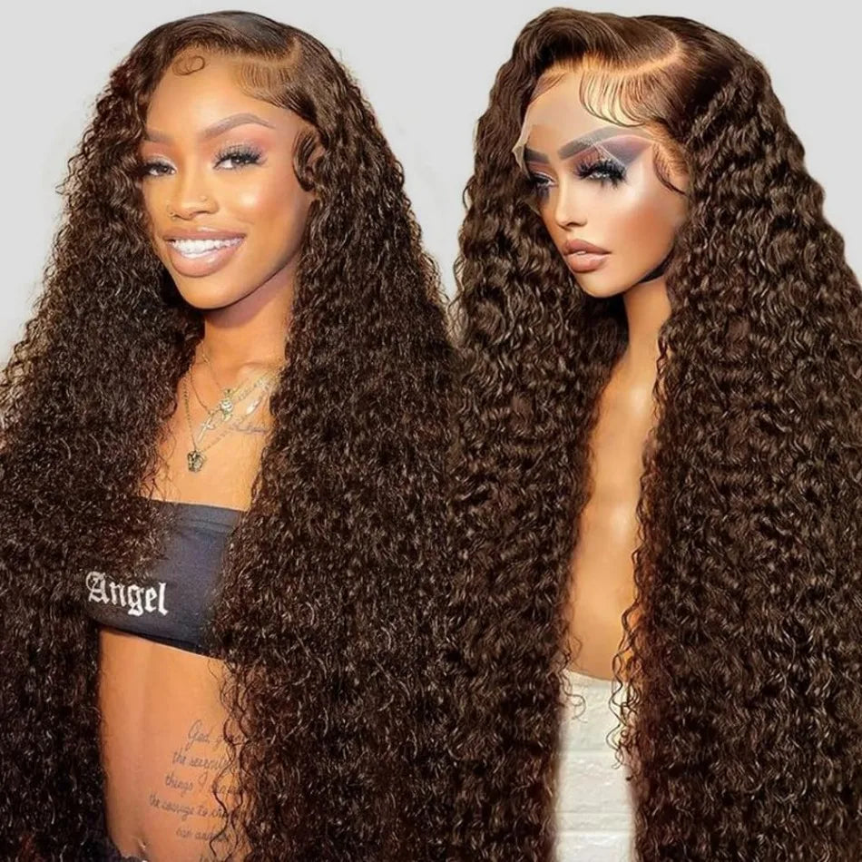 Chocolate Brown Deep Wave Lace Front Wigs Human Hair 13x6 HD Lace Frontal Wigs Curly Human Hair Wig Natural Hairline Brown Color