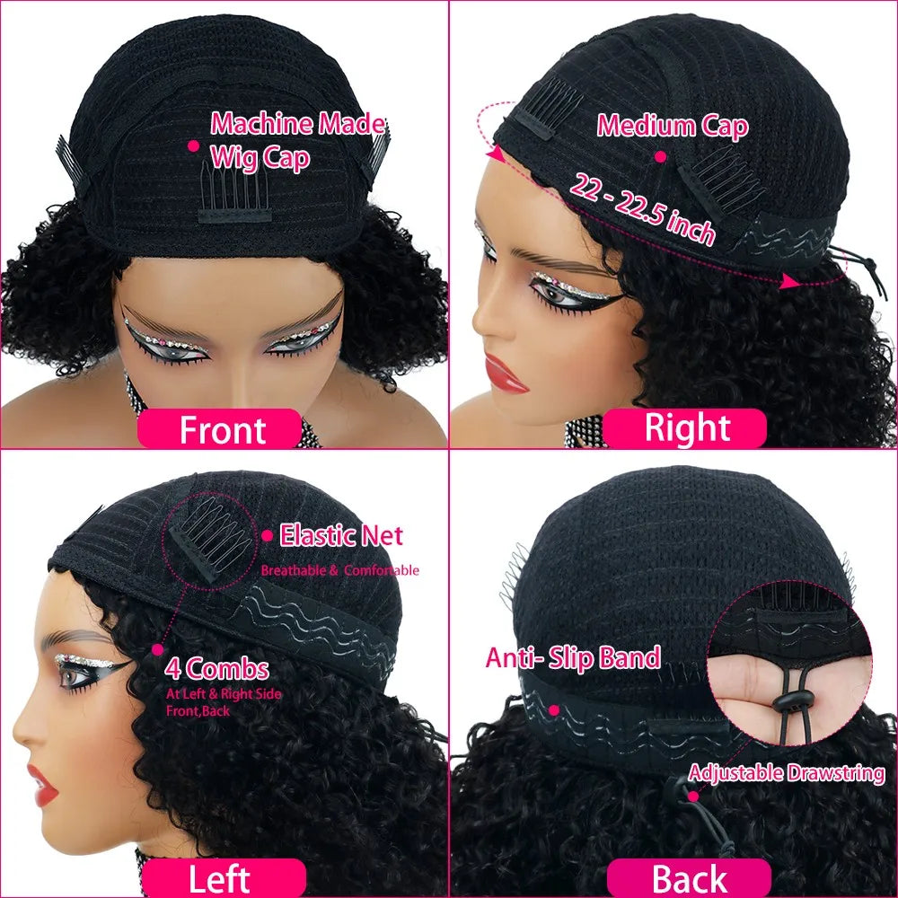 Glueless Human hair Wigs Kinky Curly Headband Wig Upgrade 3 IN 1 Half Wig With Drawstring Seamless Clip Ins Flip Over For Women