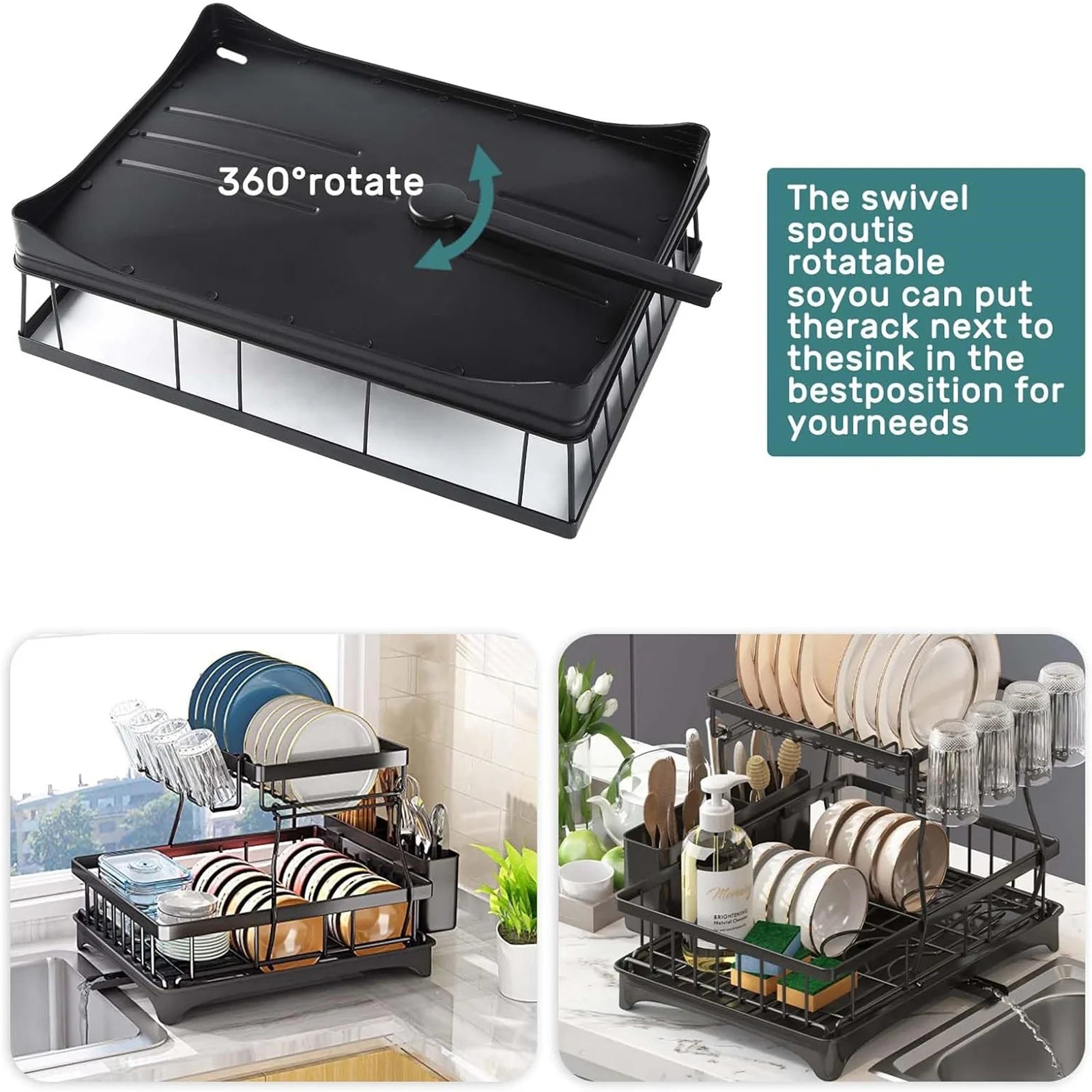 2-Tier  Steel Dish Drying Rack – Large Kitchen Countertop Organizer with Drainer & Cutlery Holder