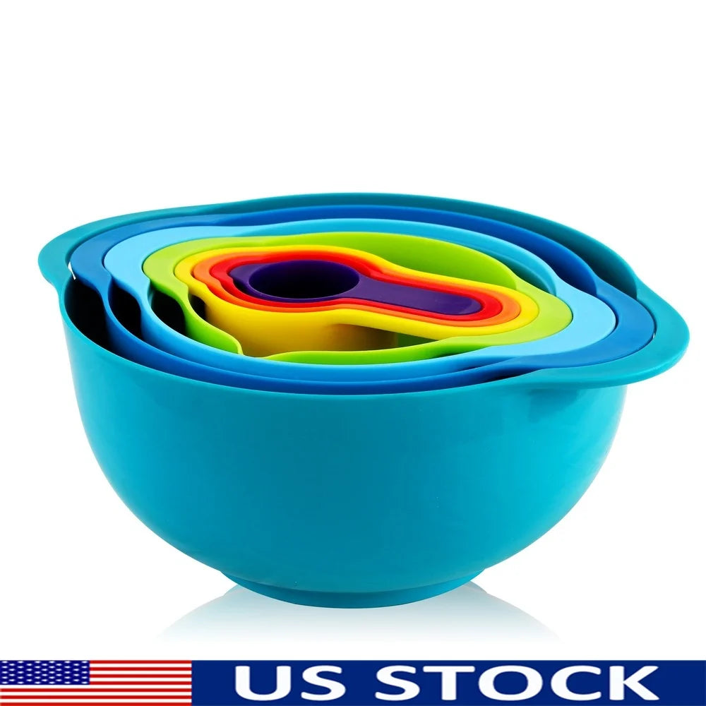 Multifunctional Plastic Mixing Bowl Set Colander Sifter Measuring Cup Non-Slip Stackable Kitchen Tools Baking Prep Utensils 8