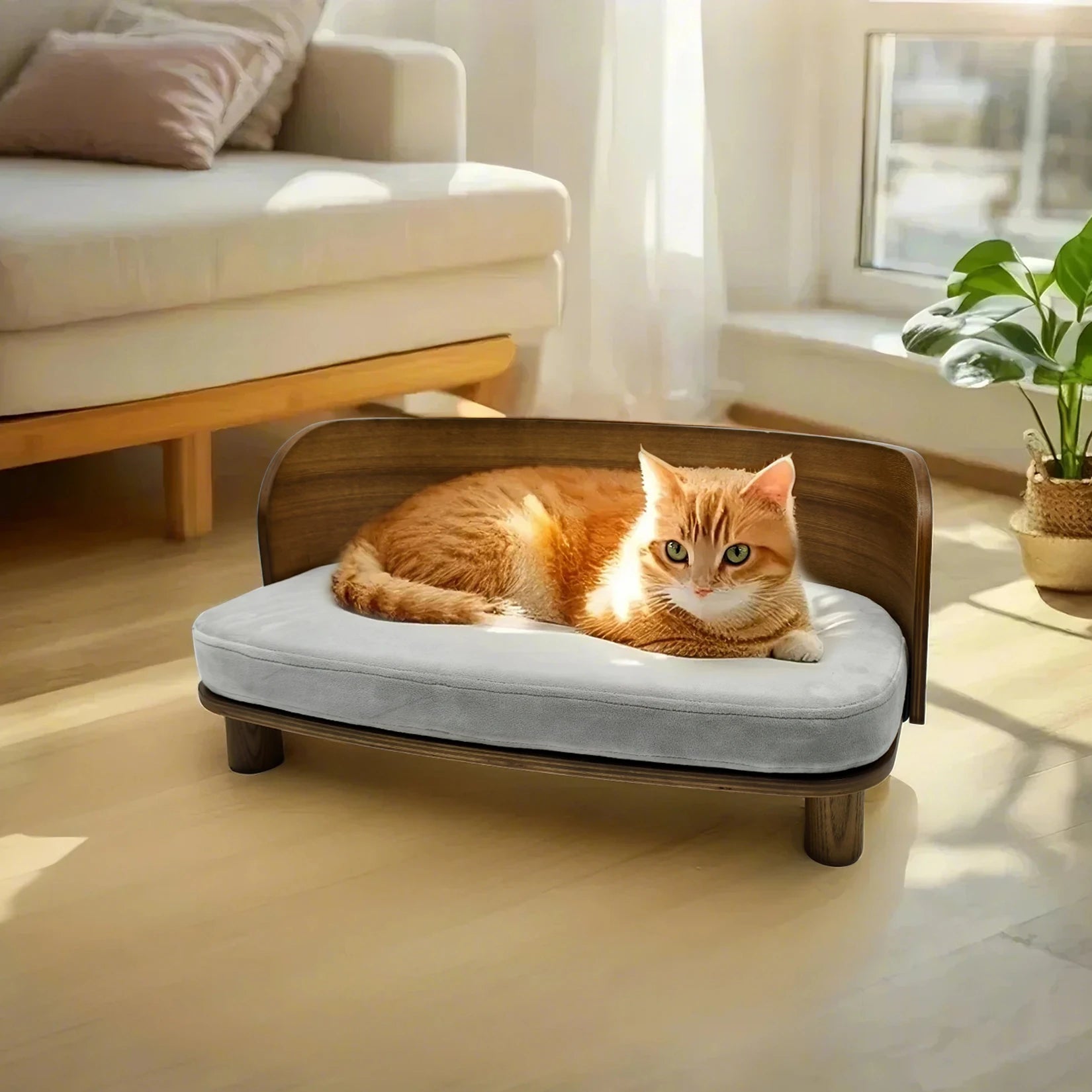 S/M Elevated Cat Bed Wooden Indoor Cat Couch Bed, Pet Sofa Chair Lounge for Kitty, Puppy or Small Animal
