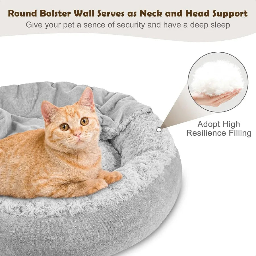 Small Dog Bed Cat Bed with Hooded Blanket Cozy Cuddler Luxury Puppy Pet Bed Donut Round Calming AntiAnxiety Dog Burrow Cave Bed