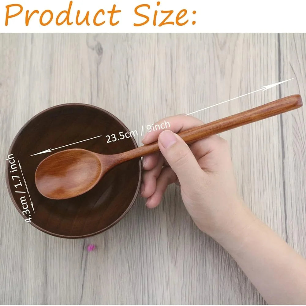 Eco-Friendly Wooden Spoons Set of 6 Long Handle 9 Inch Kitchen Utensils Stirring Mixing Soup Spoons Unique Grain Natural Finish