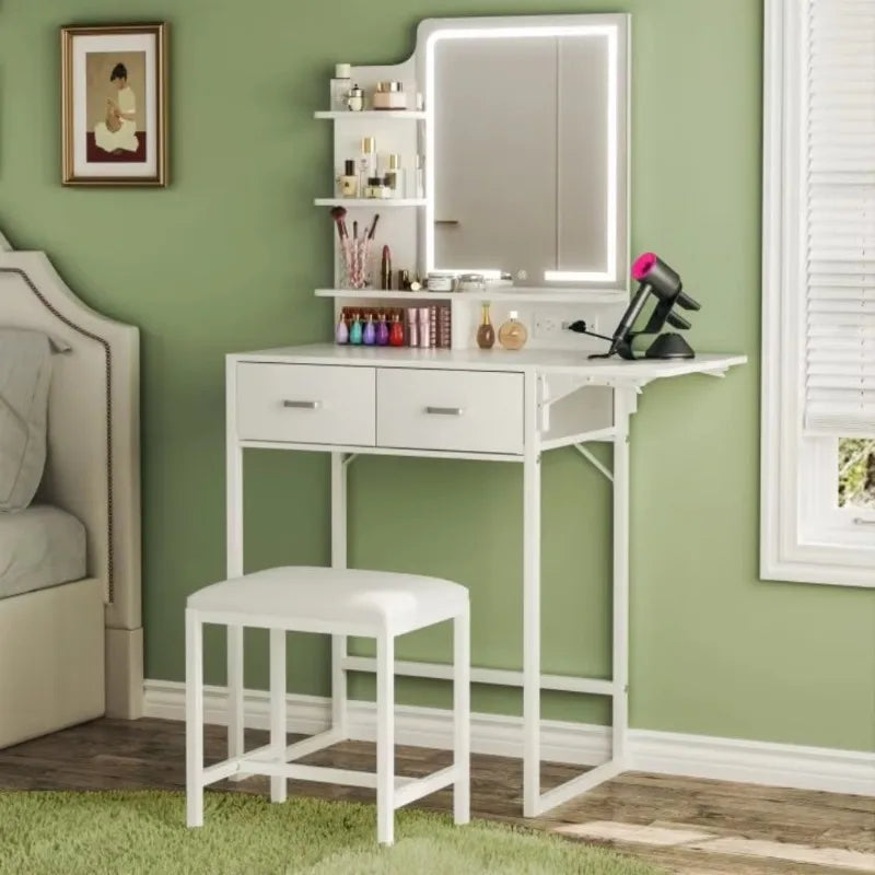 Makeup vanity with foldable panel and power outlet, equipped with mirror and light, fabric storage drawer, chair and shelf