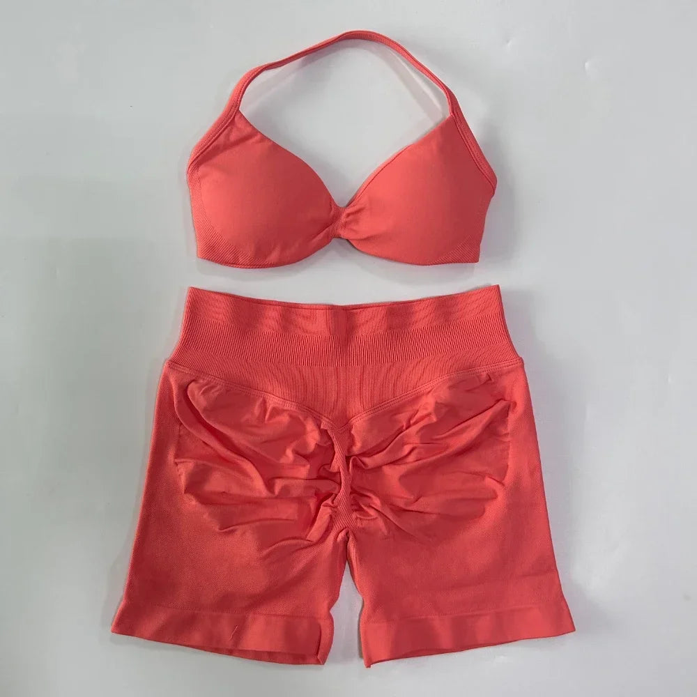 2PCS Gym Set Women Strappy Yoga Bra Top High Waist Workout Scrunch Shorts Sports Suit Seamless Yoga Set Fitness Clothes