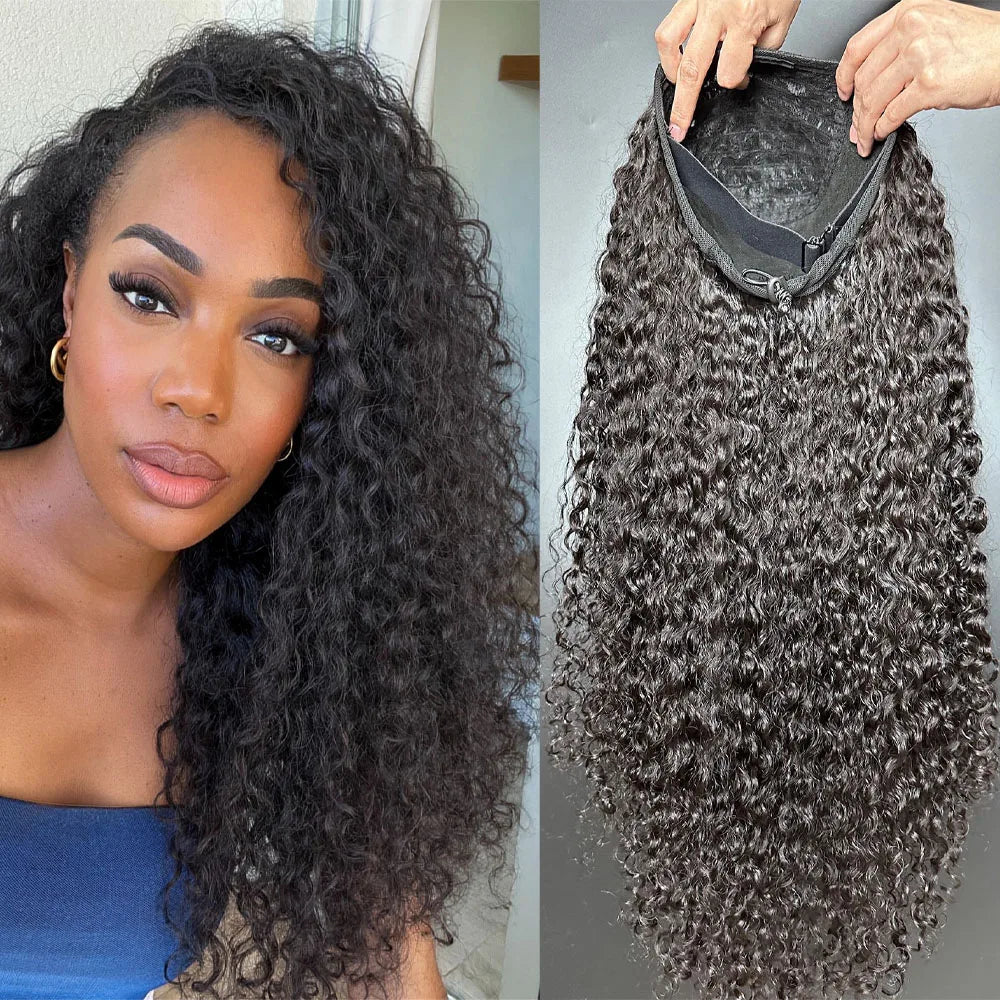 12A Water Wave Half Wigs Human Hair 200% Density Brazilian Wear Go Wigs Deep Curly 3 In 1 Half Wigs Drawstring Seamless Flip Wig