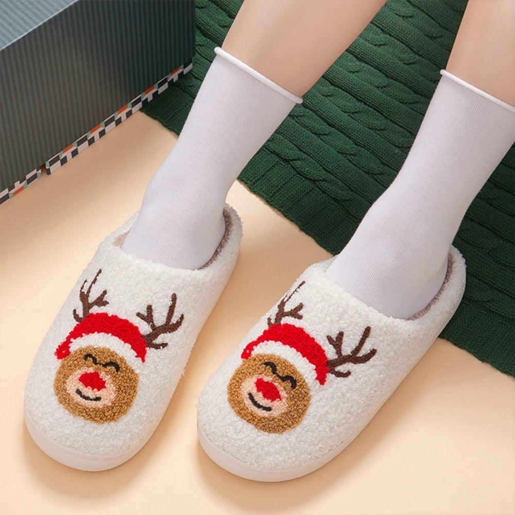 Cozy and Warm Christmas Elk Plush Slippers for Men and Women Soft Fluffy Home Footwear with Anti Slip Design