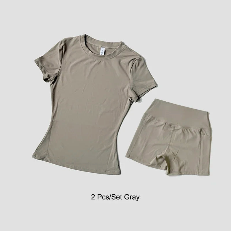 Women's Sports Yoga Set Seamless Knitted Fitness Gym Clothes Sportswear Short Sleeve Crop Top Tracksuits Gym Short Leggings