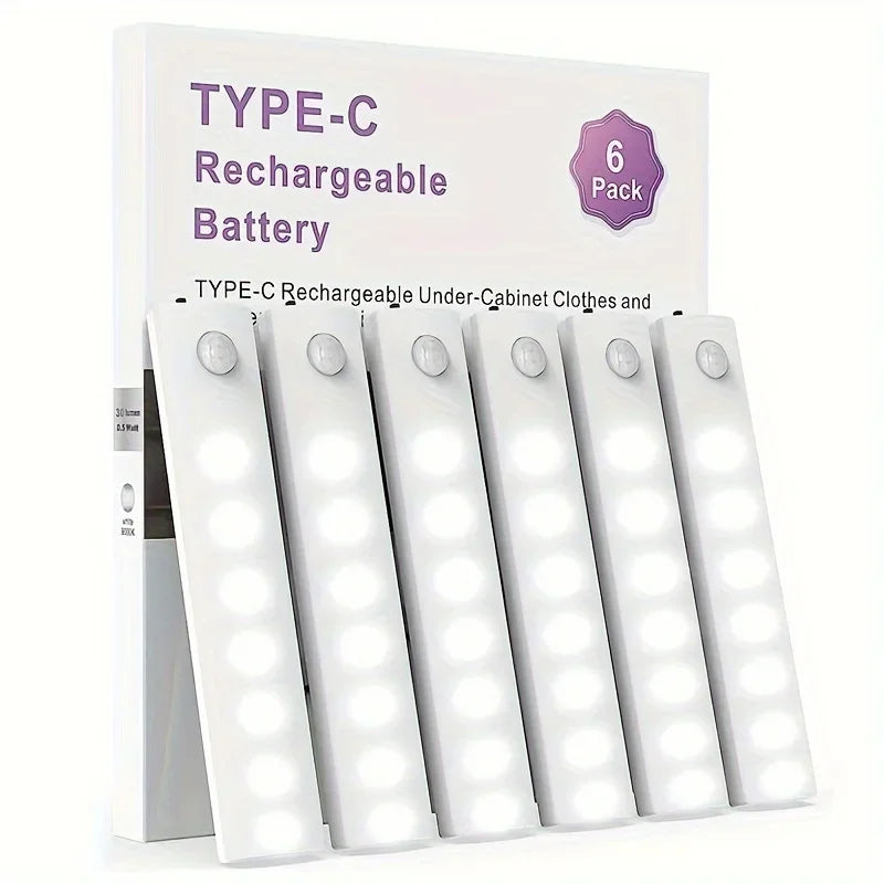 Under Cabinet Lights 6 Pack Motion Sensor Light Indoor LED USB-C Rechargeable Battery Operated Stick-On Light for Kitchen Night