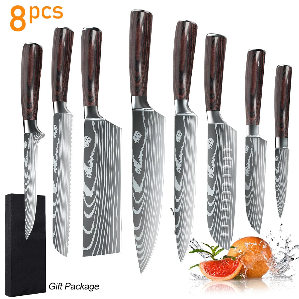 8/10pcs Gift Kitchen Knives Set Laser Damascus Pattern Chef Knife High Carbon Stainless Steel Sharp Fruit Slicing Knife