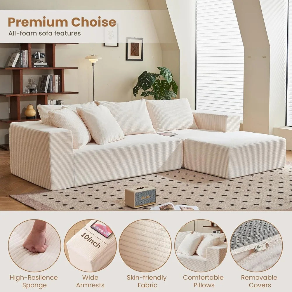 108" L-Shaped Boneless Couch with Deep Seat, Corduroy Cloud Couch, No Assembly Required, Ship in a Box, Modular Sectional Sofa