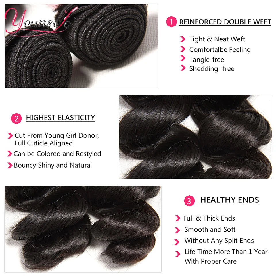 Younsolo Loose Wave Bundles Brazilian Human Hair Loose Weave Bundles 1/3/4/Pcs Lot Natural Black Human Hair Extensions For Woman