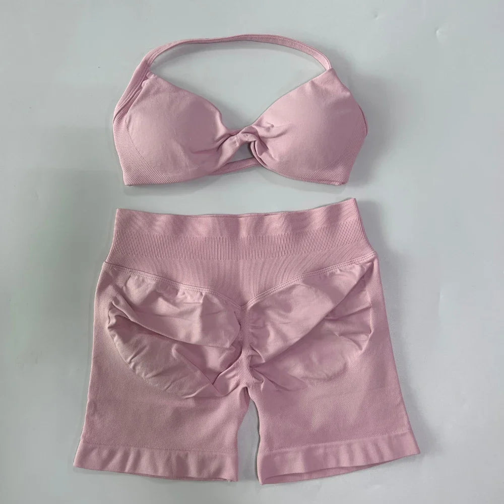 2PCS Gym Set Women Strappy Yoga Bra Top High Waist Workout Scrunch Shorts Sports Suit Seamless Yoga Set Fitness Clothes