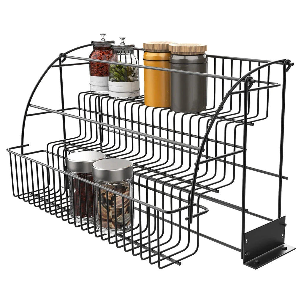 3-Layer Pull Down Cabinet Spice Rack Organizer,Metal Storage Shelf, Large Capacity Retractable Kitchen Storage Shelf Organizer