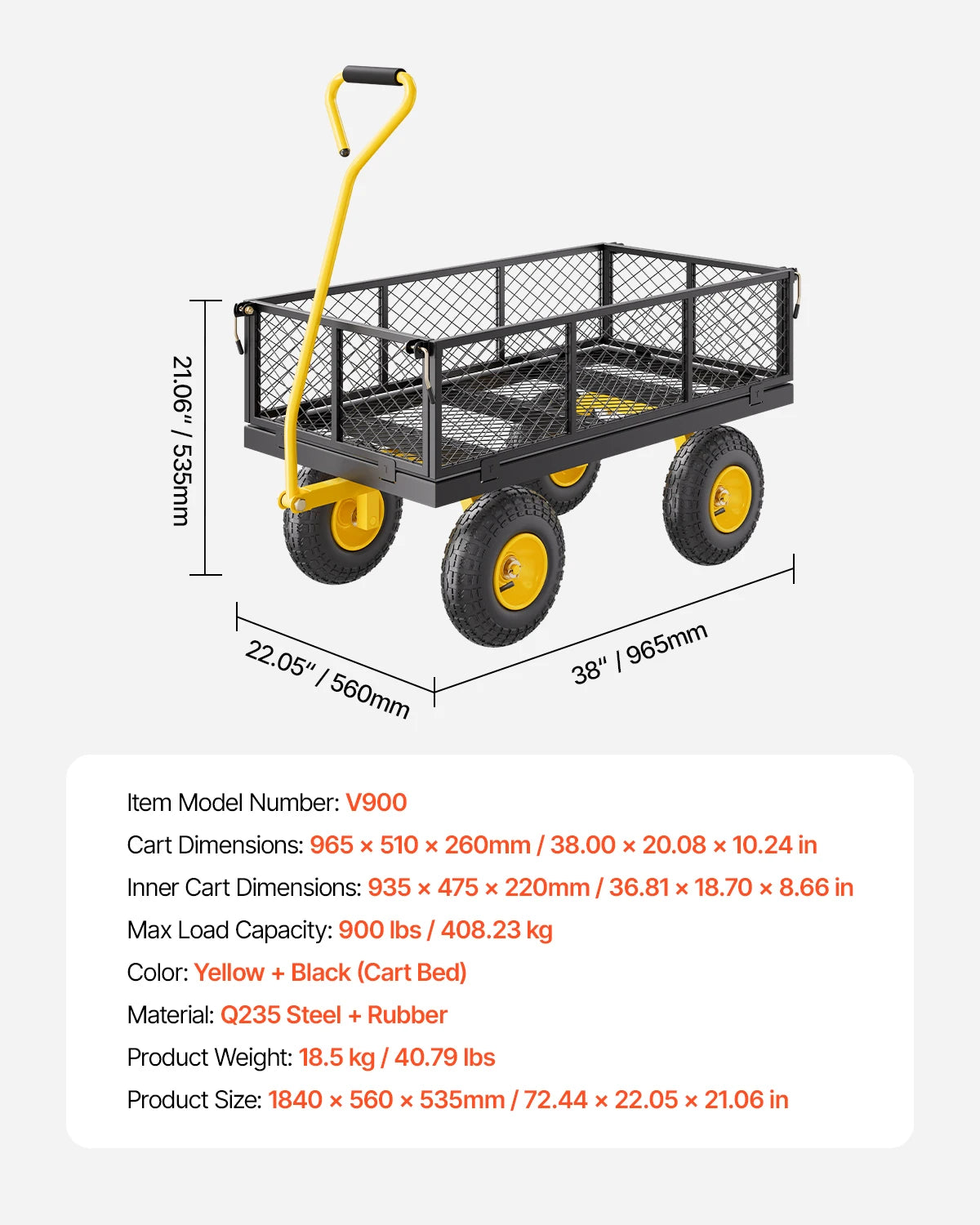 Garden Cart Pullable on Wheels Metal Yard Wagon Cart W/ All TerrainTires Mesh Removable Sides and Rotating Handle